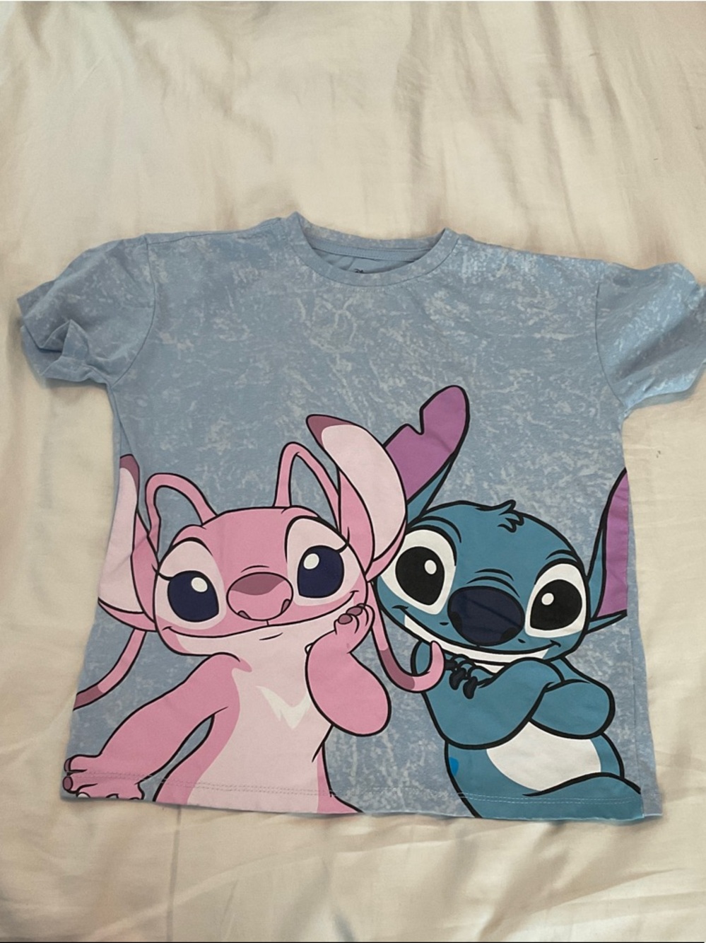 Disney Light Blue Tee with Pink Angel & Blue Stitch Graphic